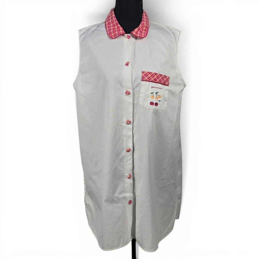 Coton D'Or Maid Button Down Shirt Dress Cotton Sleeveless Plaid Trim Cherry M